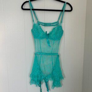 Victoria’s Secret VERY SEXY Wicked Unlined Rose Teal lace apron lingerie set 🩵